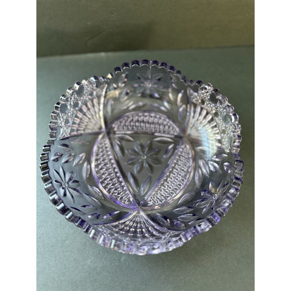 Vintage Cut Glass Nappy Trinket Dish Bowl Purple Retro Cottagecore - Picture 2 of 7